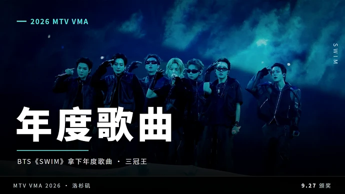 MTV VMA：BTS 靠《SWIM》拿下年度歌曲，三冠王